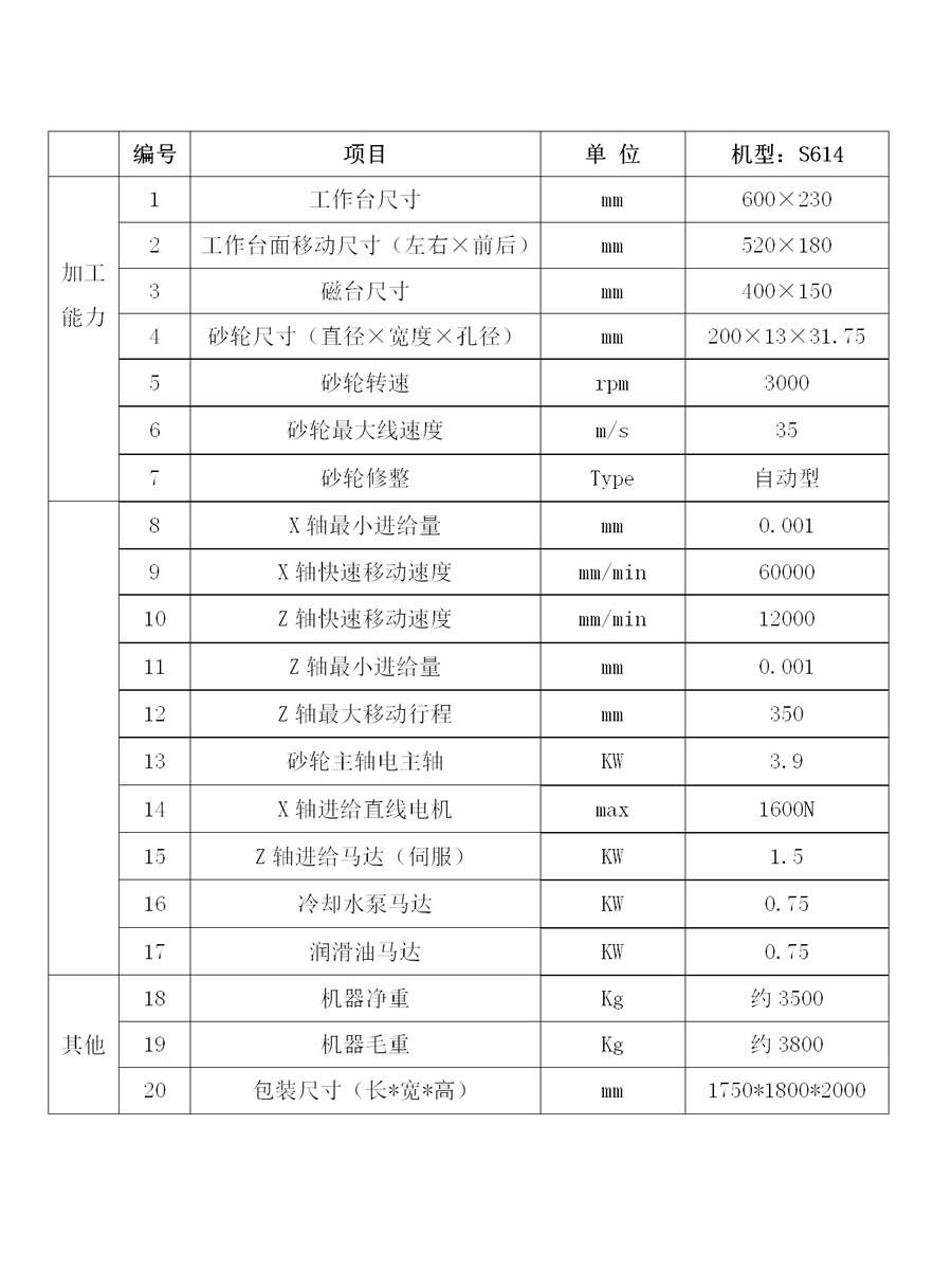 S614高精密數控平面磨床規格及參數