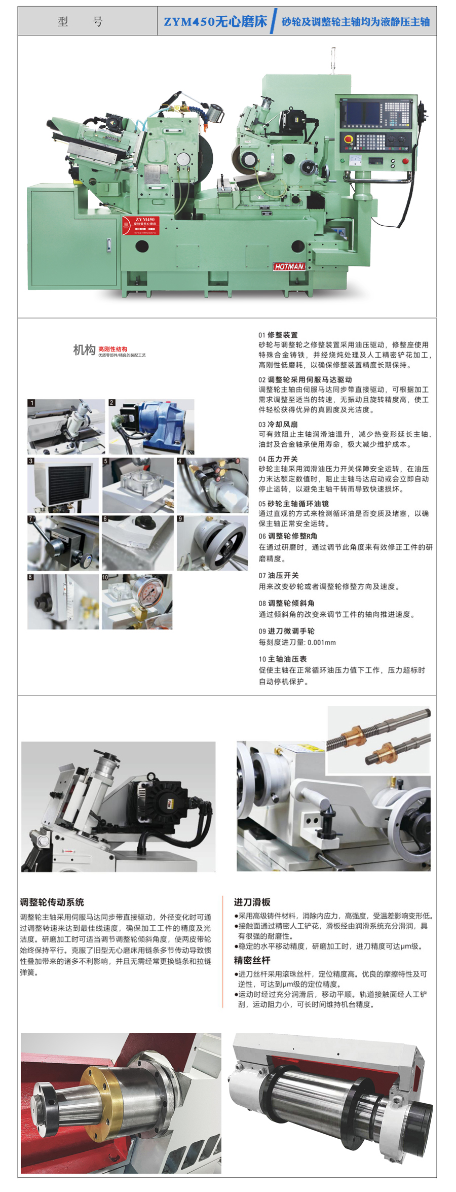 ZYM450無心磨床，砂輪及調(diào)整輪主軸均為液靜壓主軸。